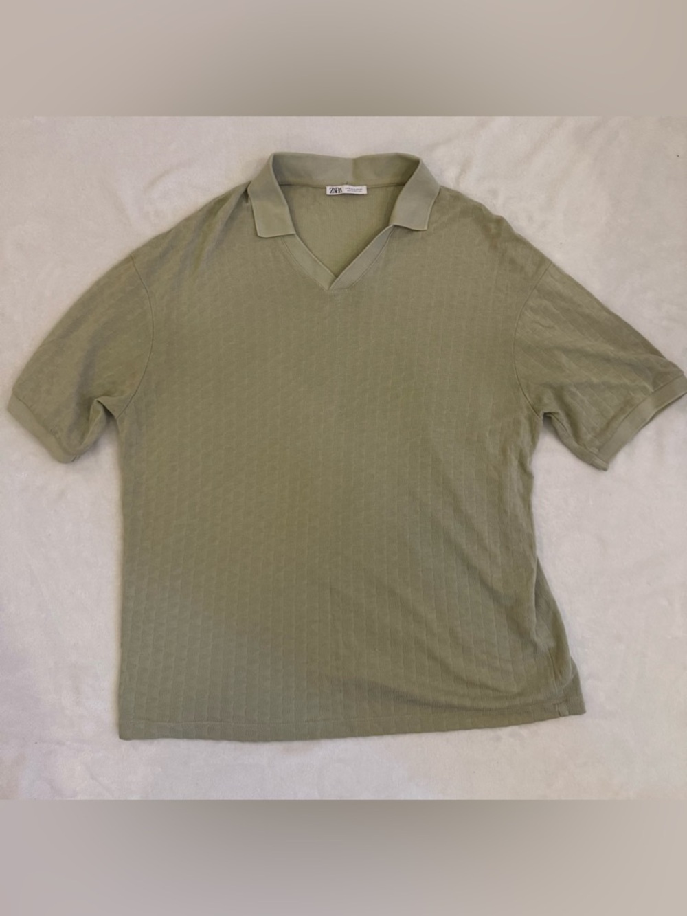 Zara Men's Sage Green Short-Sleeve Johnny Collar Polo Knit Shirt- MEDIUM